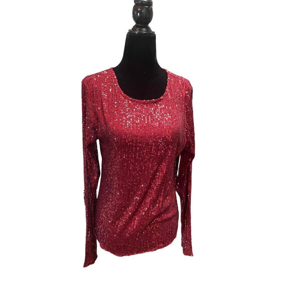 Lucky Brand Womens Maroon Long Sleeve Sequined Knit Top Size L